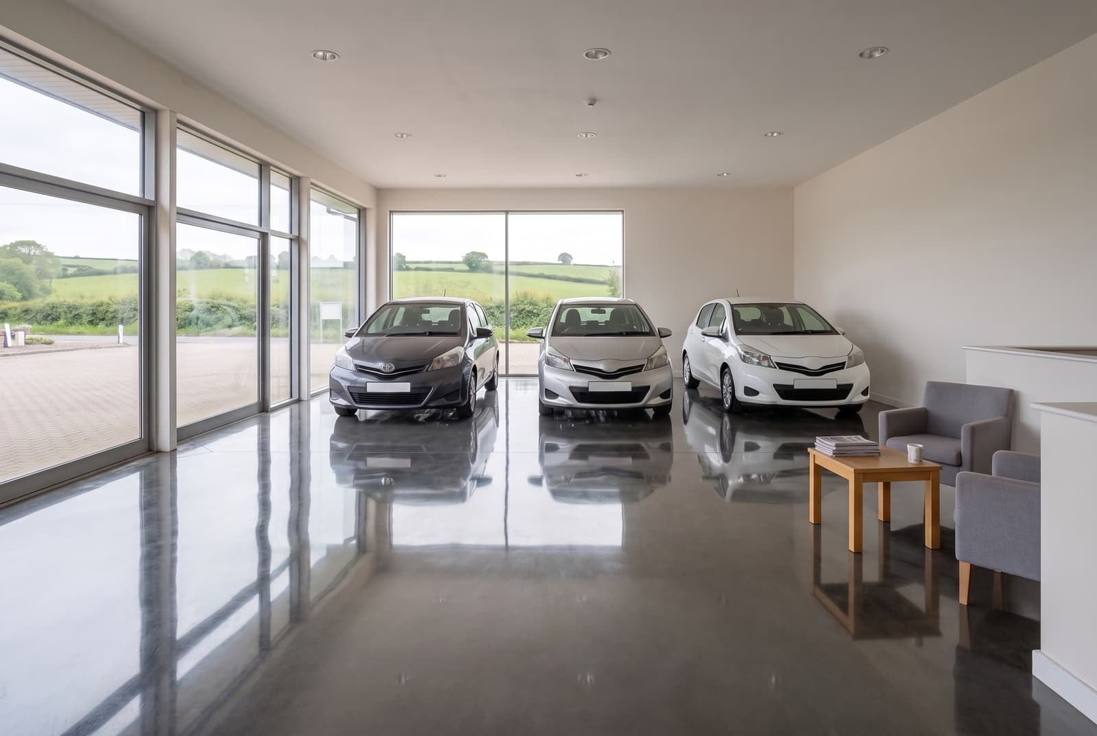 The same Devon car showroom after cleaning, floor polished to a mirror finish reflecting the cars and glazing