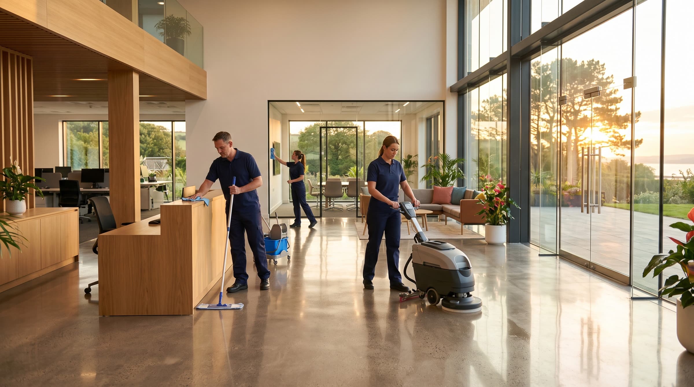 Commercial cleaning team mopping and scrubbing a bright modern Devon office reception at sunset