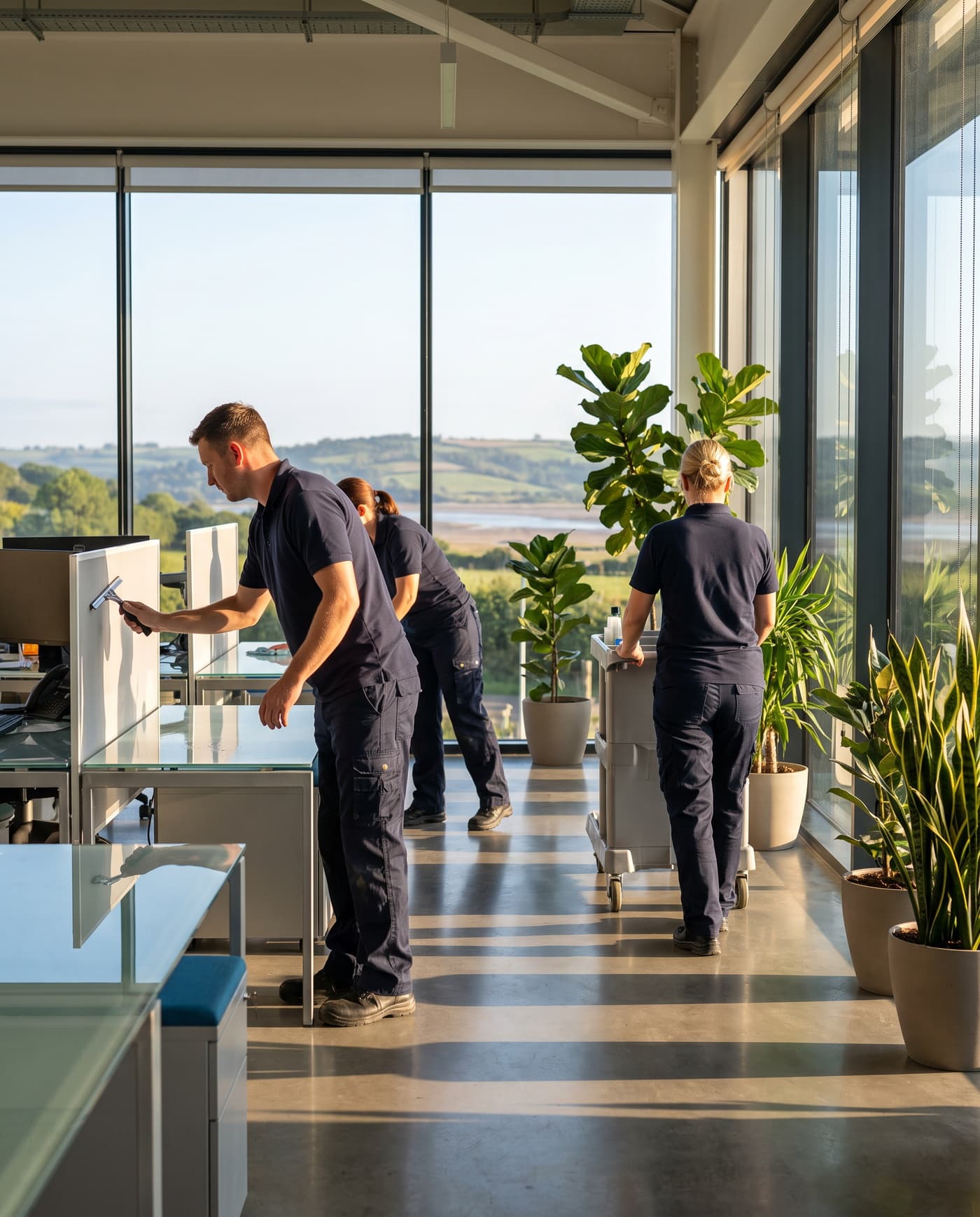 Two cleaners in plain navy polos cleaning a bright open-plan office in Devon