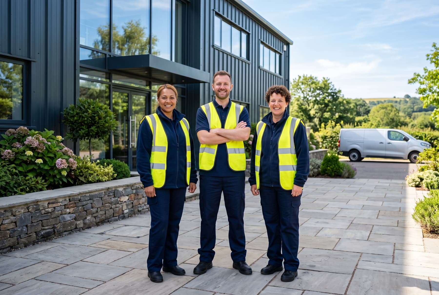 Commercial cleaning team in plain navy uniforms outside a modern Devon business premises