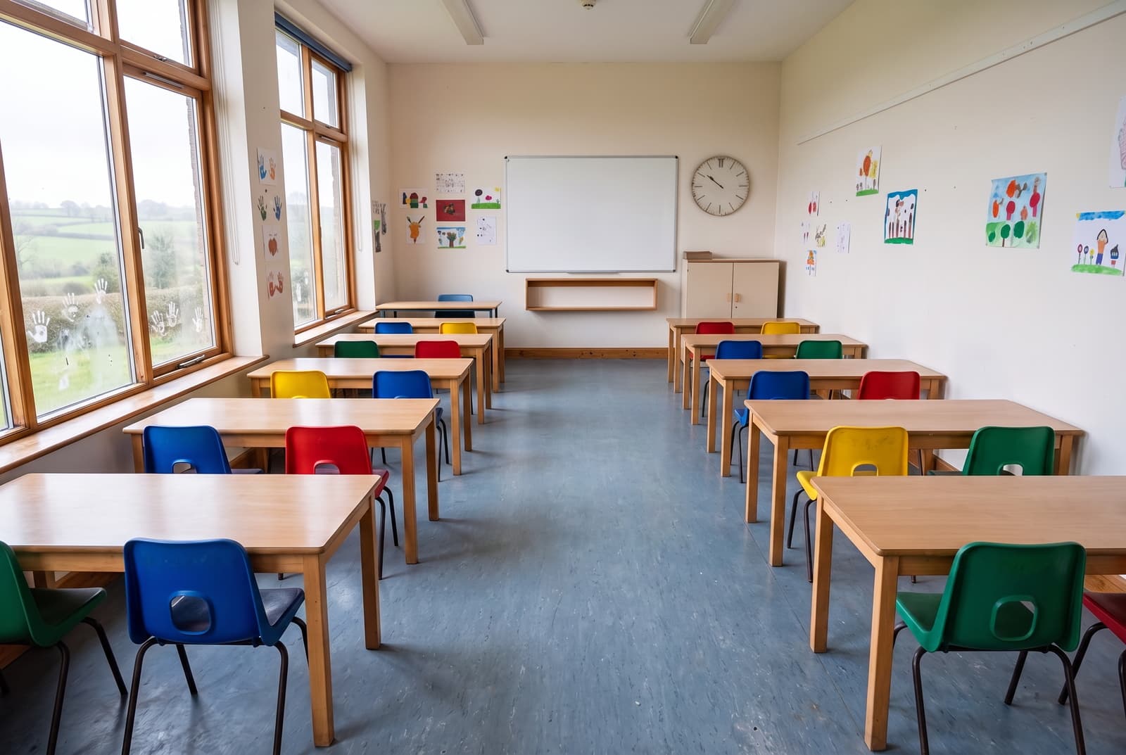 Same Devon classroom after education deep clean, buffed vinyl floor, spotless tables and clear windows