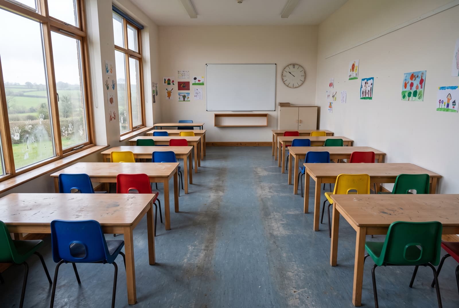 Devon primary classroom before school cleaning, dulled vinyl floor with scuffed traffic lane and dusty tables