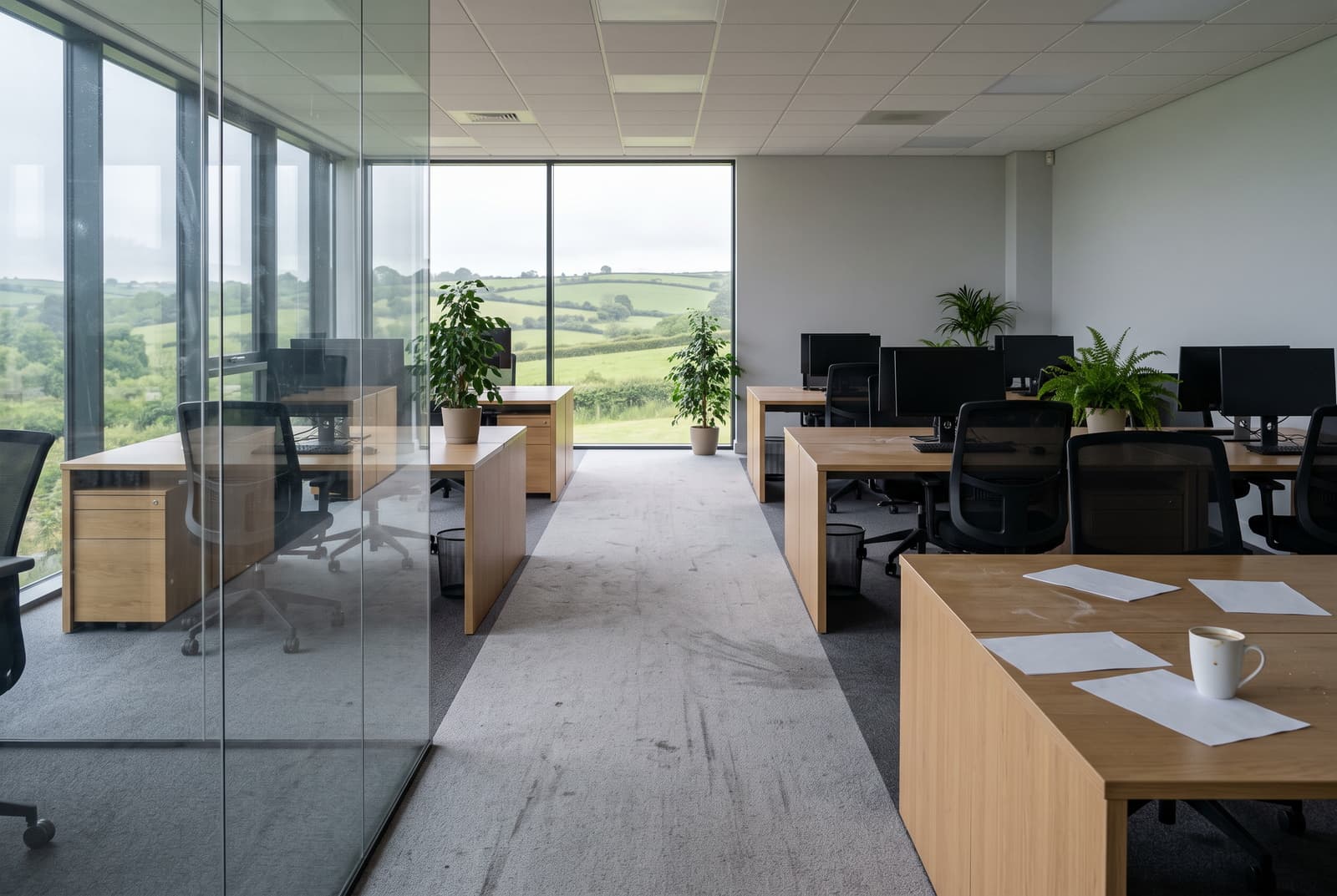 Devon open-plan office before cleaning, grey traffic marks worn along the carpet aisle and cluttered desks