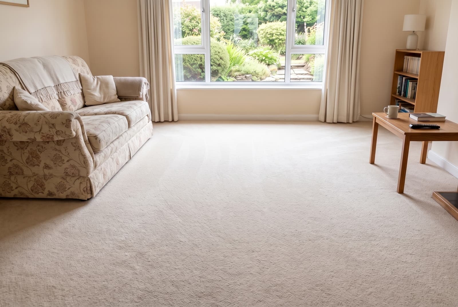 Same Devon living room after carpet cleaning, cream carpet restored to an even lifted pile
