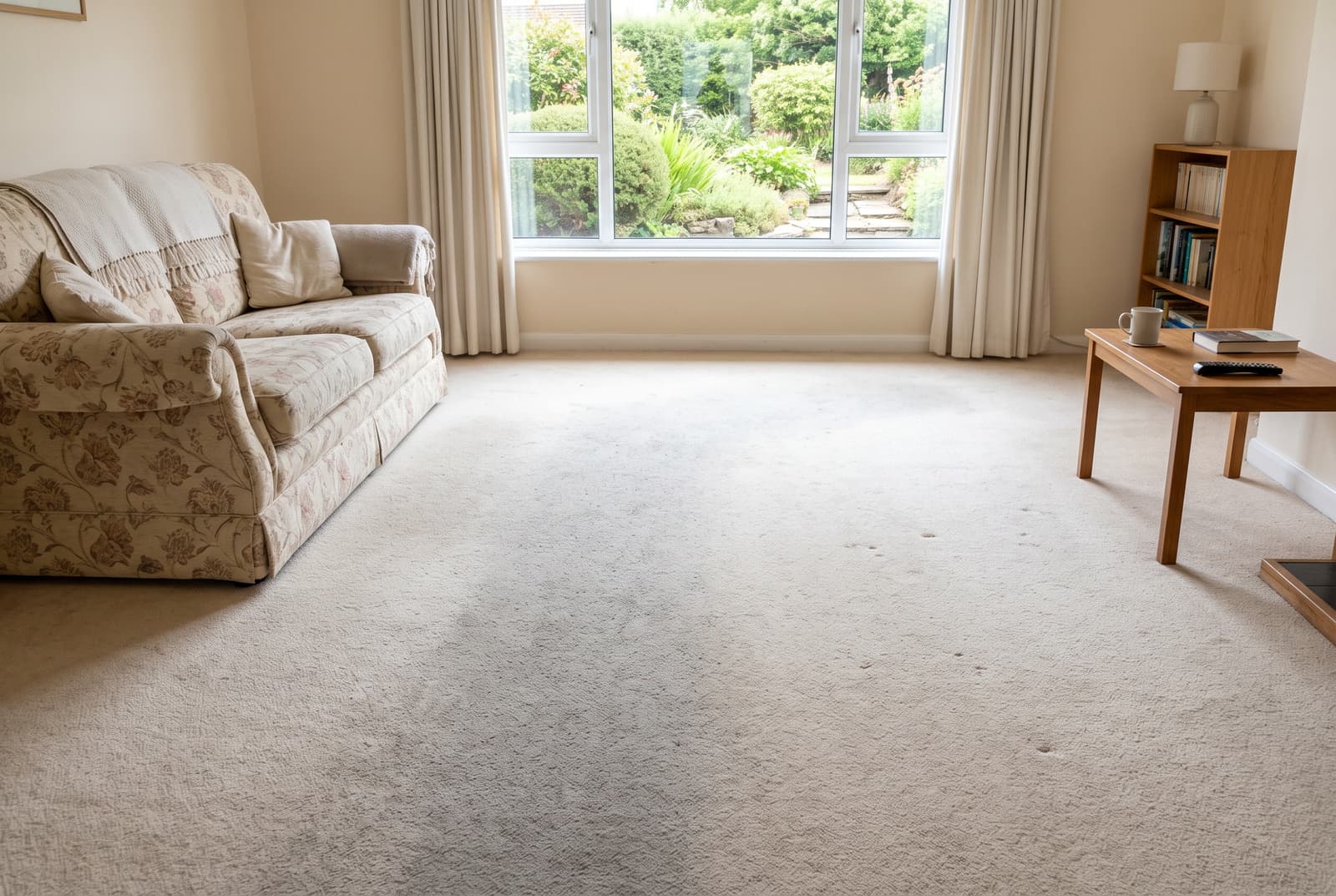 Devon living room before carpet cleaning, cream fitted carpet greyed along a worn traffic path