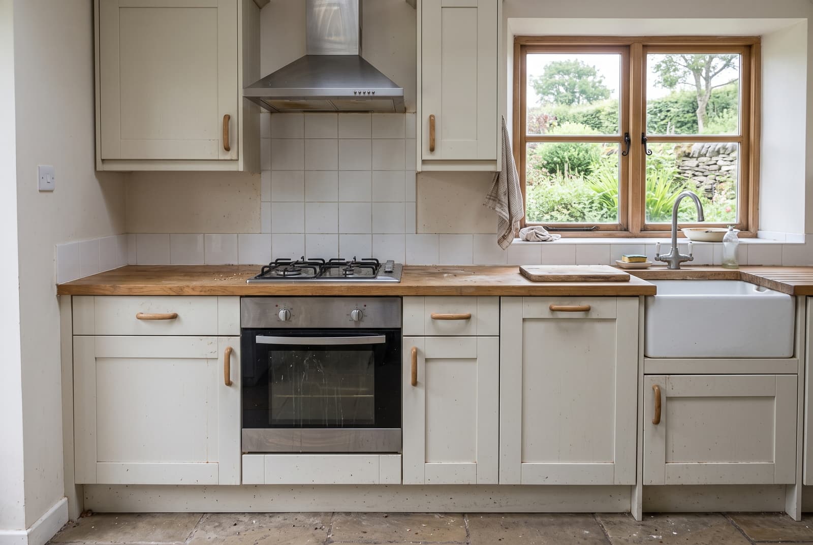 Devon kitchen before a deep clean, greasy hob, smeared oven door and crumb-covered wooden worktop