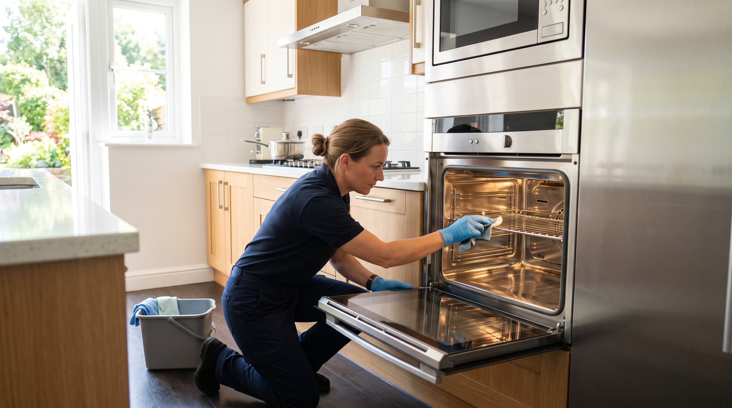 Cleaner deep cleaning the inside of a stainless steel oven in a bright Devon kitchen