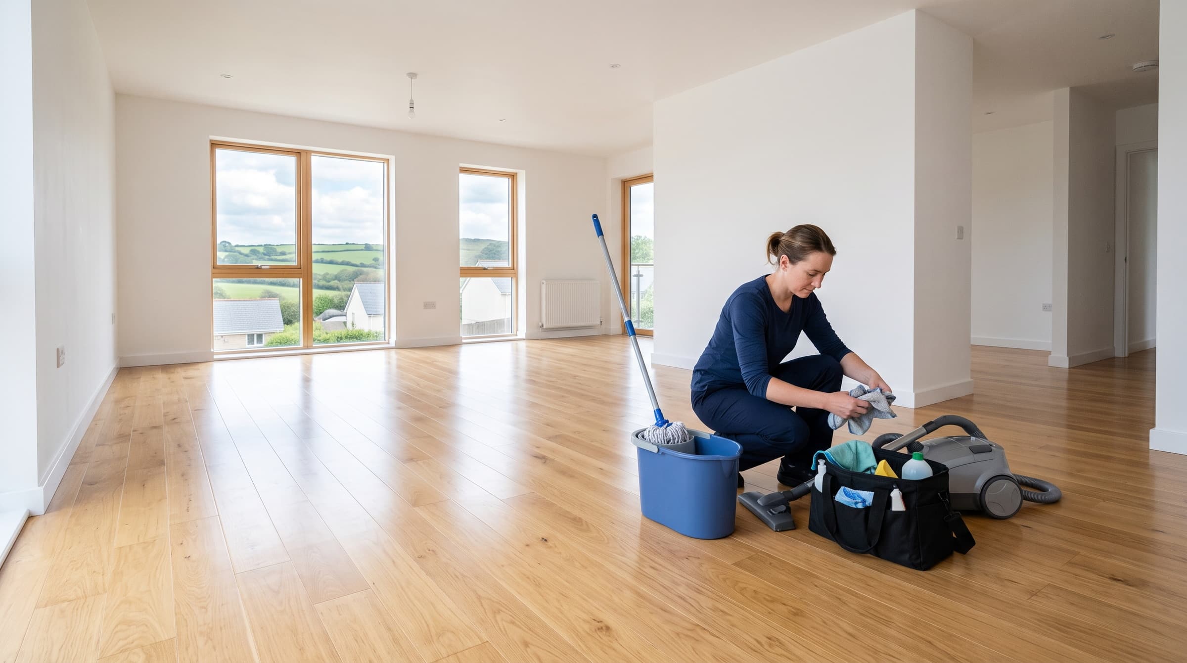 End of tenancy cleaner finishing an empty Devon flat with polished floors ready for inspection