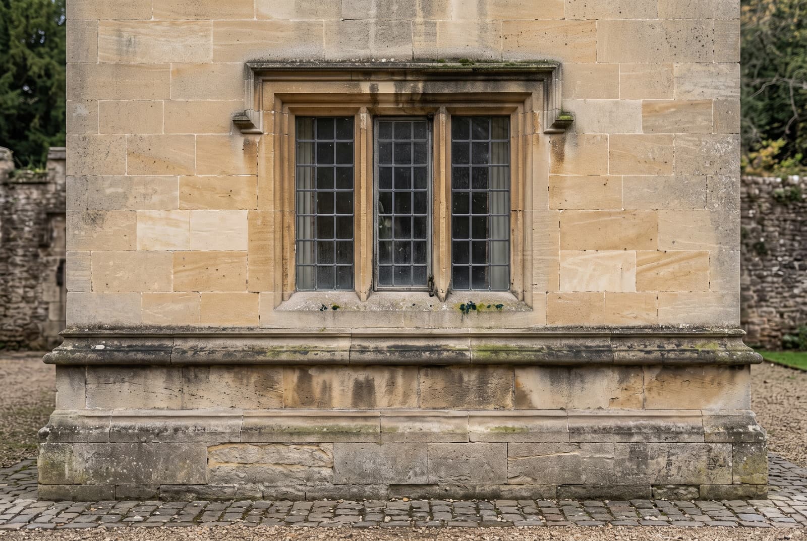 Honey limestone elevation of a Devon building with grey-black soiling and green growth before DOFF cleaning