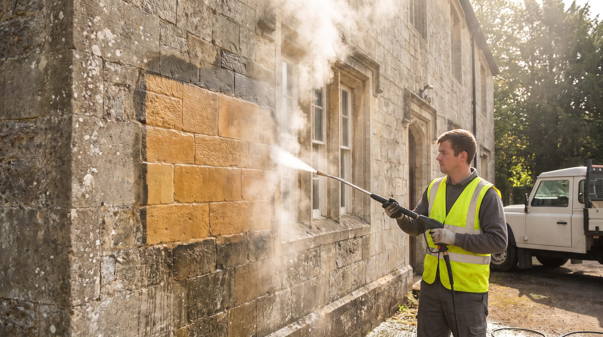 Heritage stone cleaning in Devon using a DOFF superheated steam lance on a limestone facade