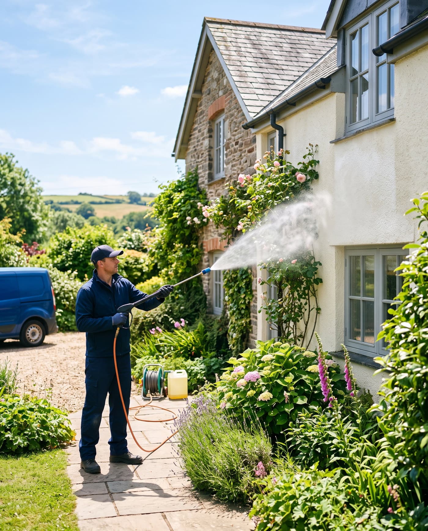 Exterior cleaning technician softwashing the render of a Devon cottage on a sunny day