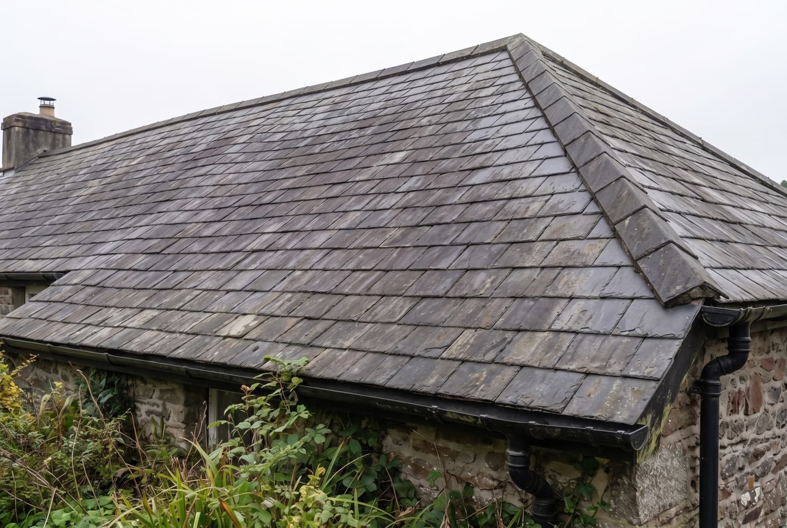 The same Devon roof after biocide cleaning, slate back to even dark grey with gutters clear