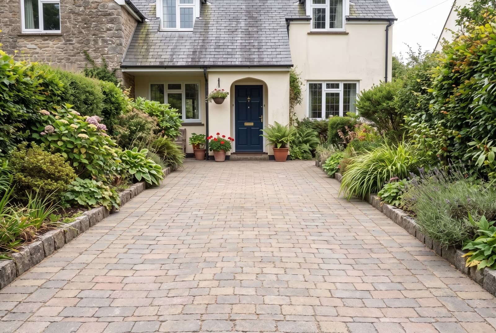 Same Devon driveway after pressure washing, block paving back to clean buff colour with crisp joints