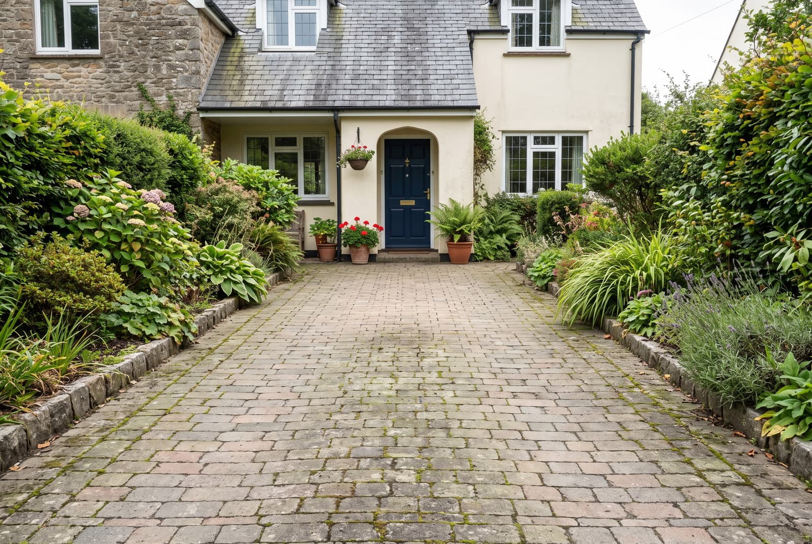 Devon block-paved driveway dulled by green algae film and moss in the joints before pressure washing
