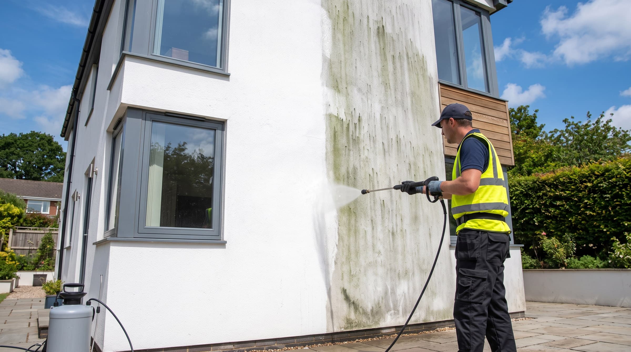 Technician softwashing algae-stained white render on a Devon house, restoring a brilliant white finish