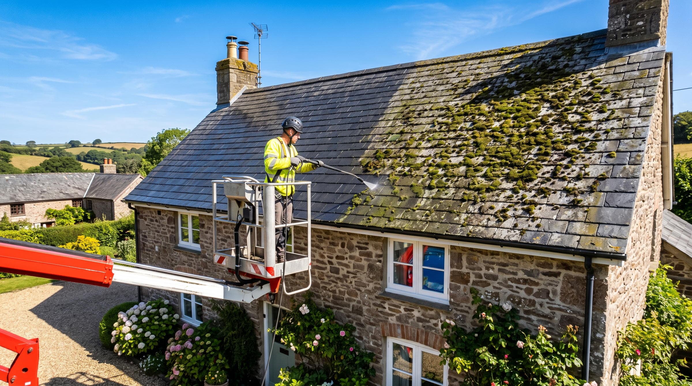 Roof cleaning specialist removing moss from a Devon cottage slate roof using powered access platform