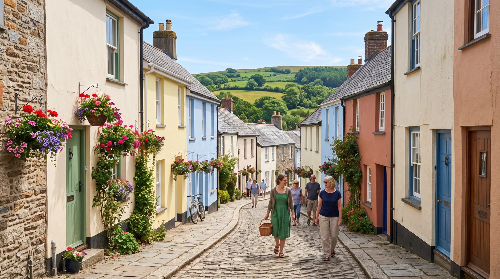 Colourful Ashburton cottages with hanging baskets, a Dartmoor town served by our Devon cleaning team