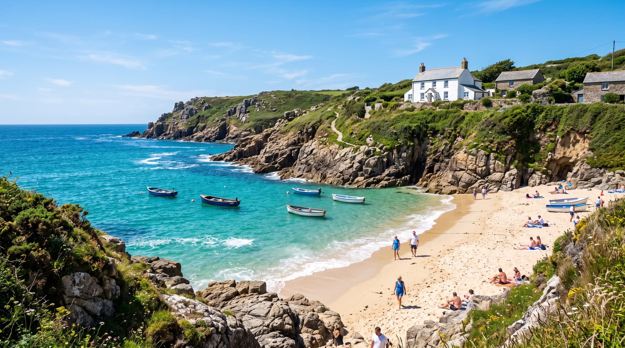 Turquoise Cornish cove and clifftop cottage, served by our Devon-based cleaning team