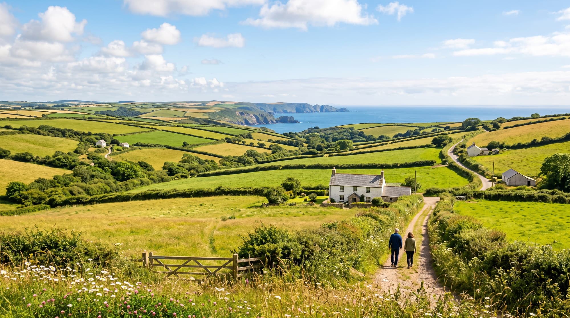Rolling Devon countryside with a whitewashed farmhouse and distant coastline across our cleaning service area