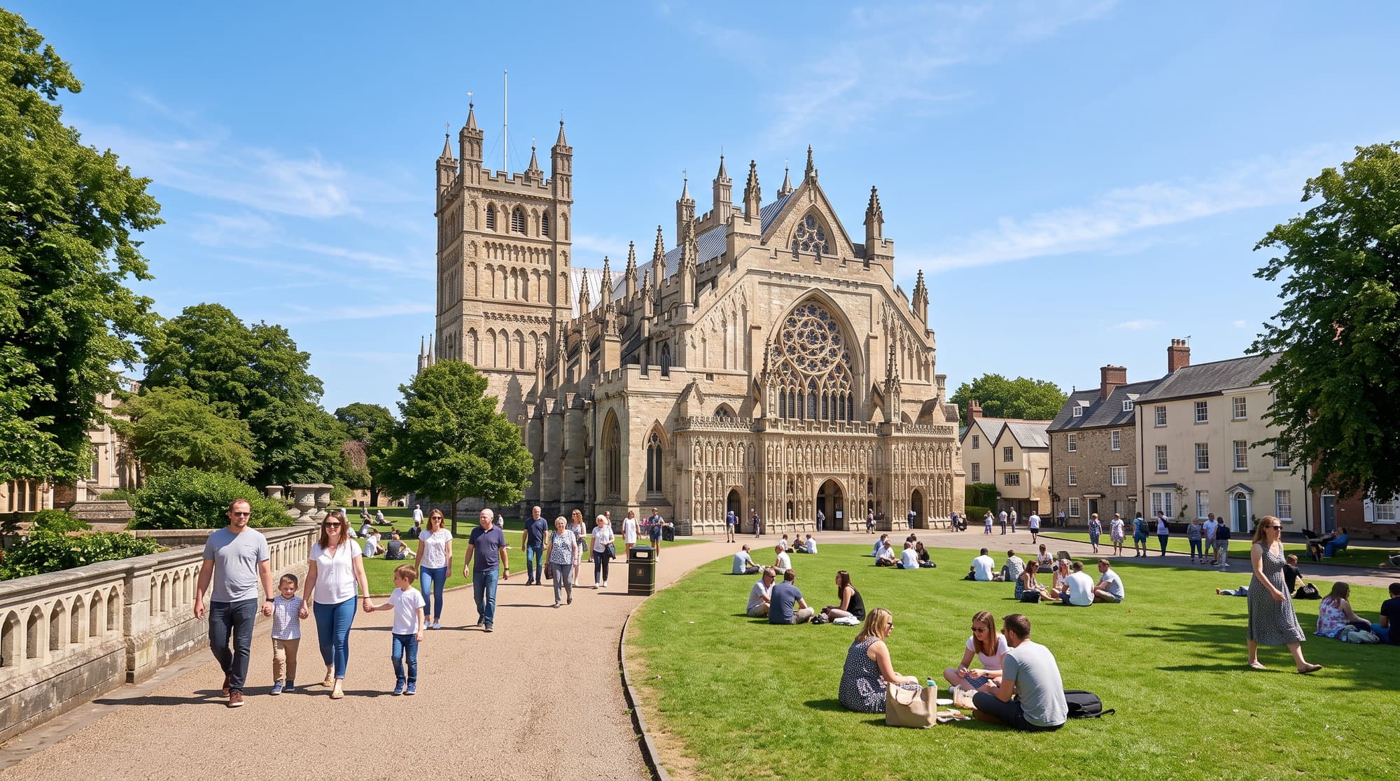 Exeter Cathedral and green cathedral close on a sunny day, cleaning services across Exeter, Devon