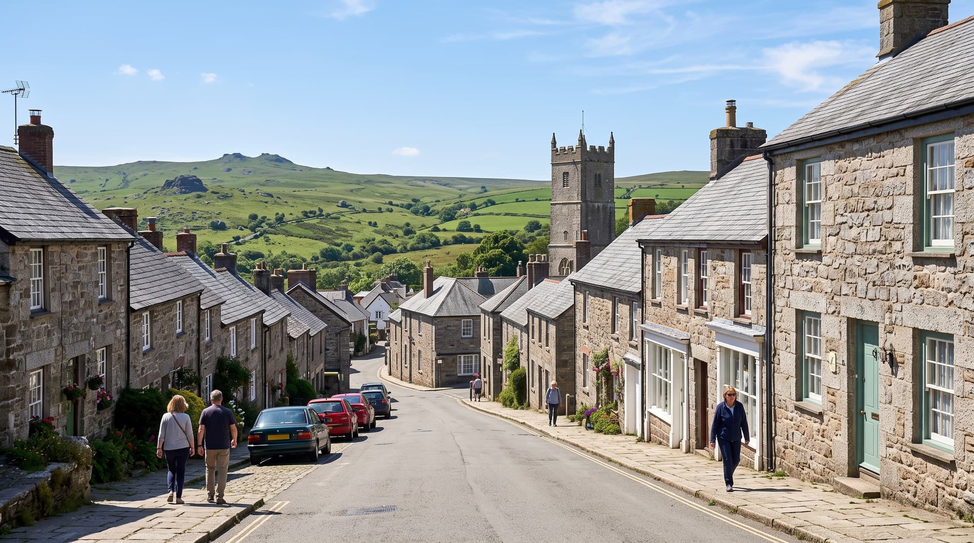 Granite cottages and church tower in Moretonhampstead, a Dartmoor village served by our Devon cleaners