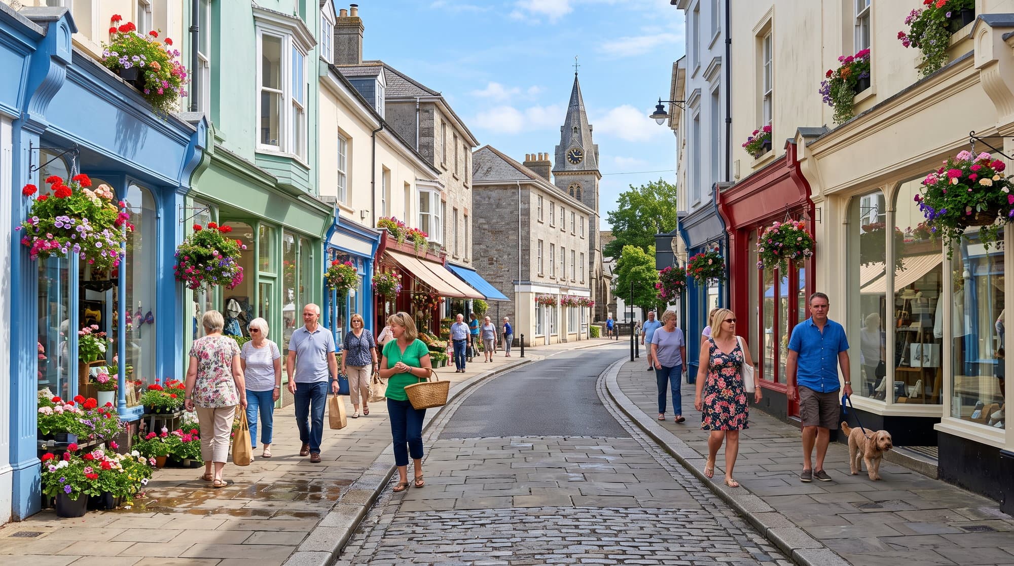 Sunny Newton Abbot high street with colourful shopfronts and flower baskets, cleaning services in Devon