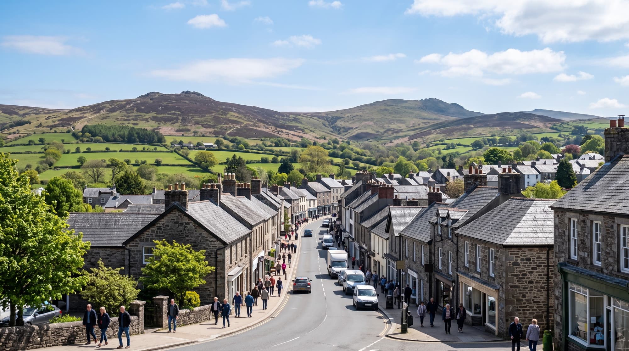 Sunlit Okehampton town street below Dartmoor hills, area covered by our Devon cleaning services