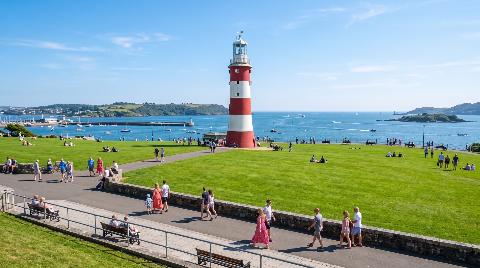 Smeaton's Tower lighthouse on Plymouth Hoe above the blue sea, cleaning services across Plymouth, Devon