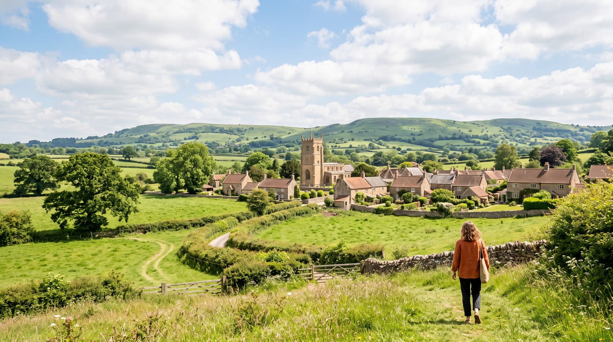 Somerset village with honey-stone cottages and church tower below the Mendip hills, within our cleaning coverage