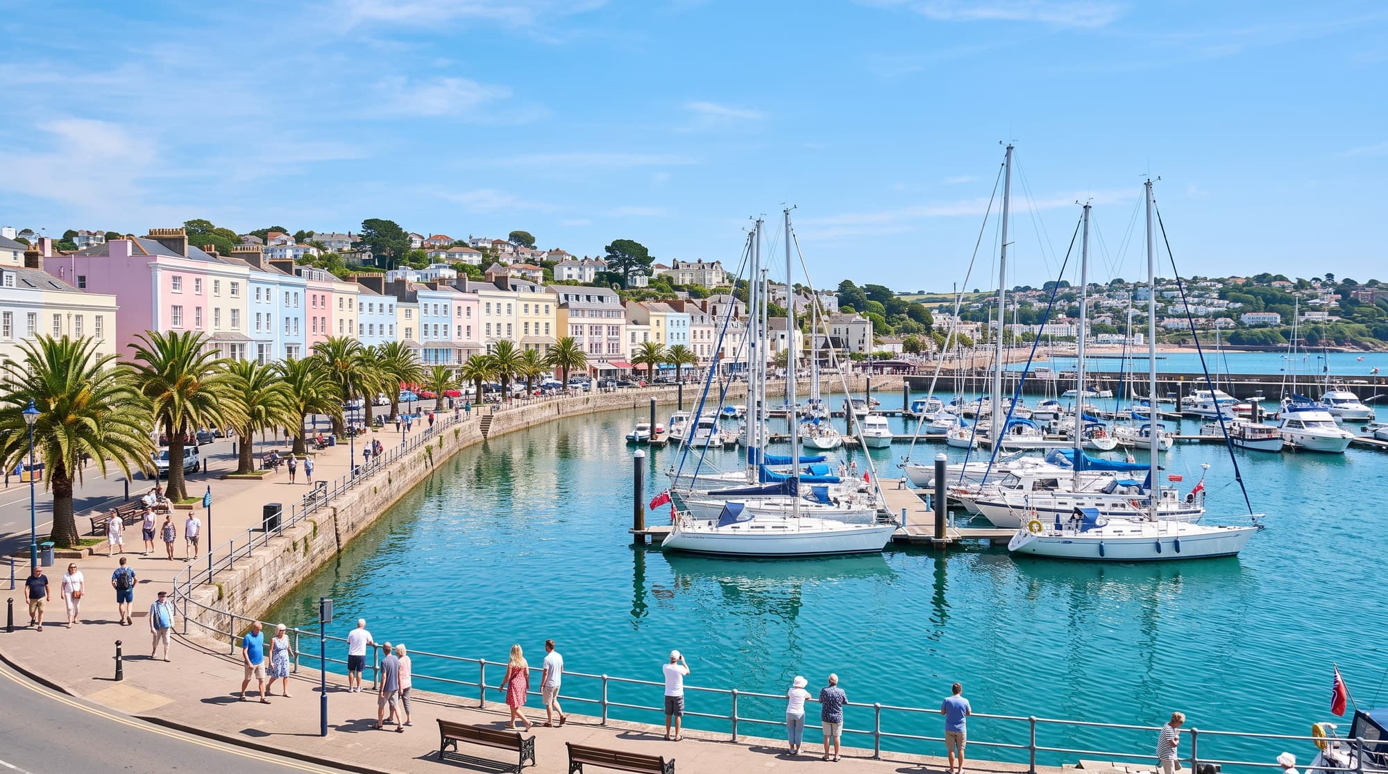 Torbay harbour with white yachts, palm trees and pastel seafront buildings, cleaning services in Devon