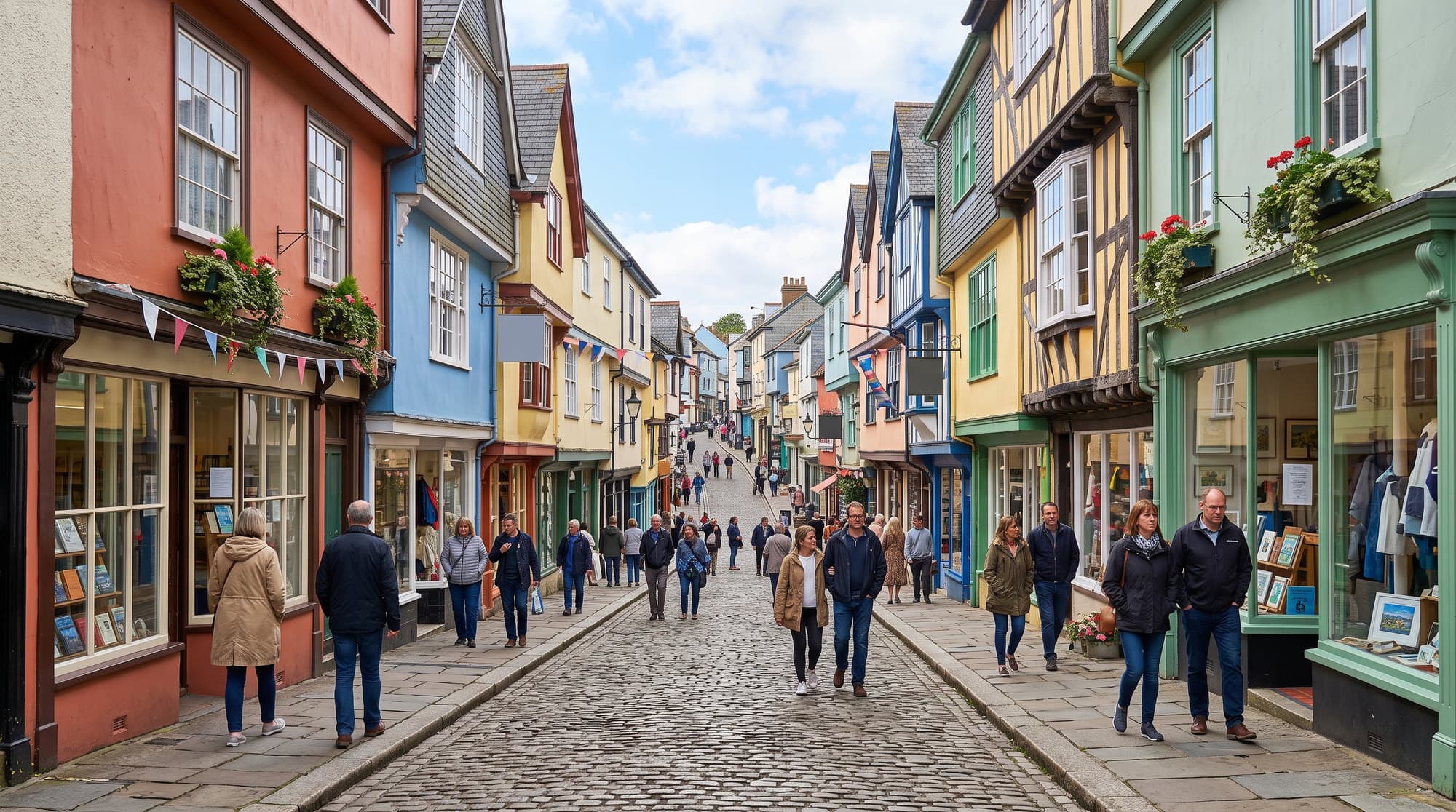 Totnes historic high street rising uphill with painted period buildings, covered by our Devon cleaning services