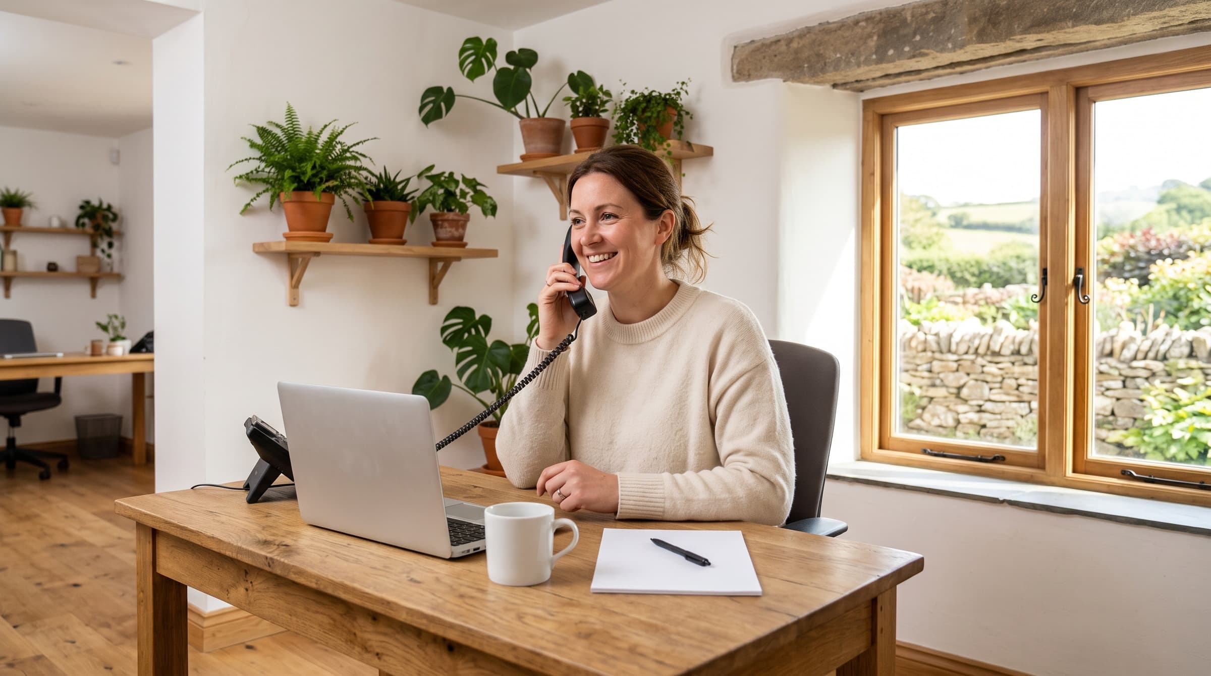 Friendly receptionist taking a cleaning enquiry by phone at a bright Devon office desk