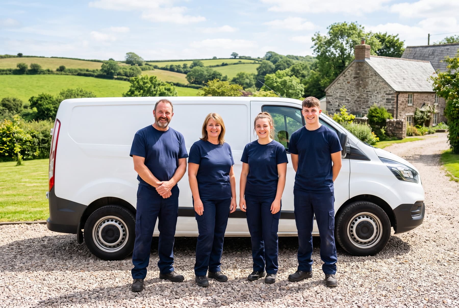 Family-run Devon cleaning team of four standing beside their van in the countryside